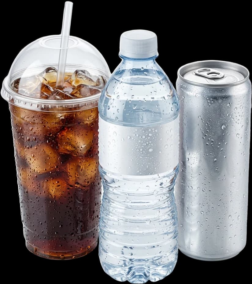 Fountain drink, bottled water and an energy can