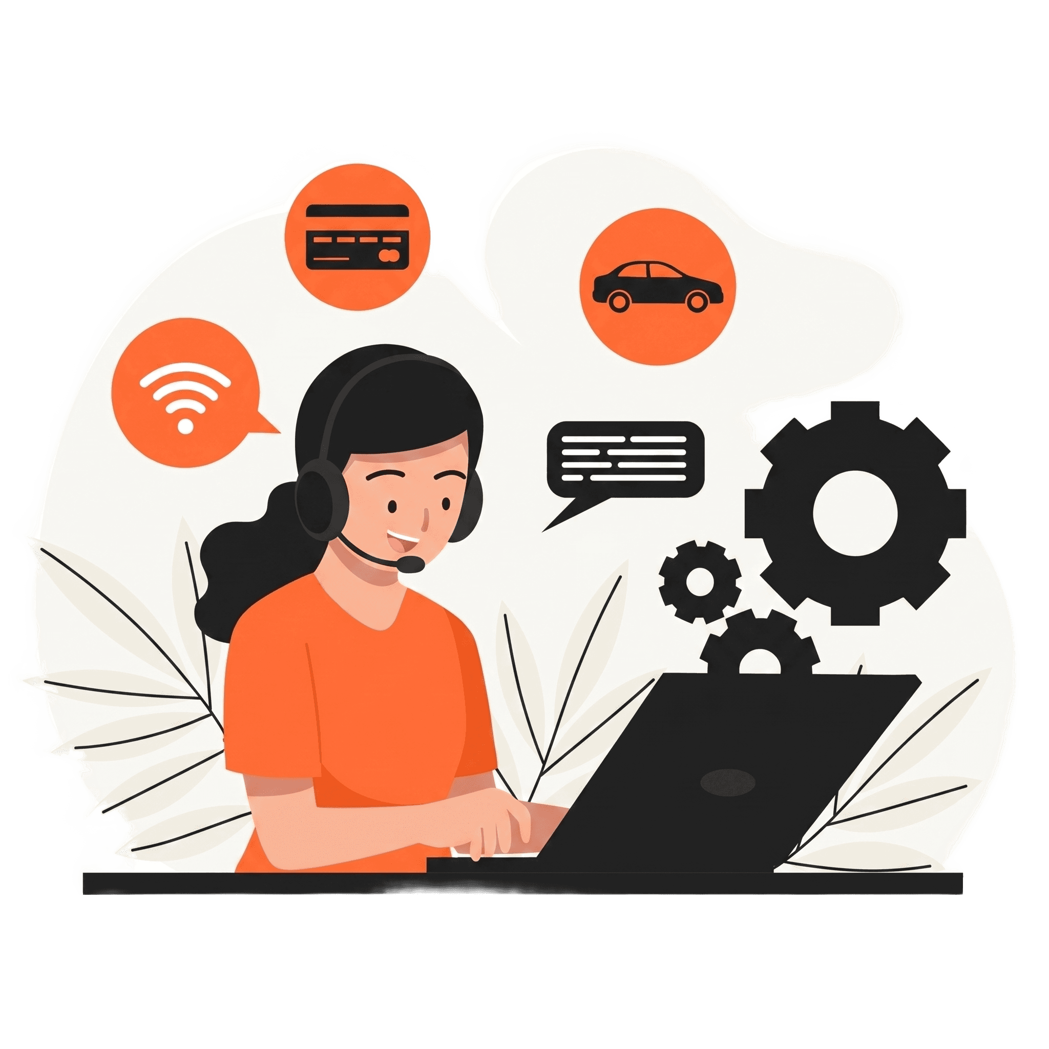Illustration of a LaMa associate helping with payments, vehicle care, and Wi-Fi