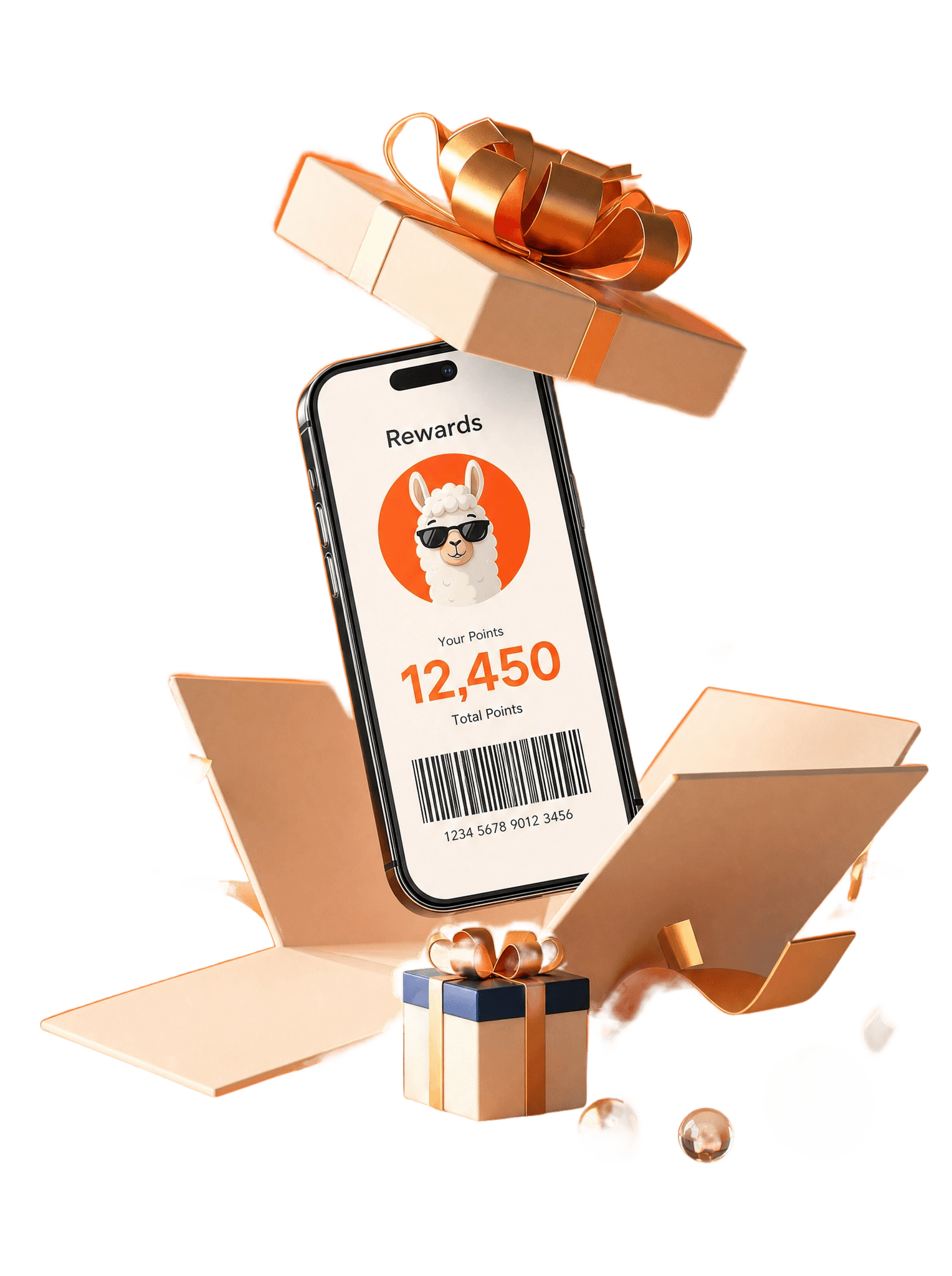 Smartphone bursting from a gift box with LaMa Rewards points on the screen